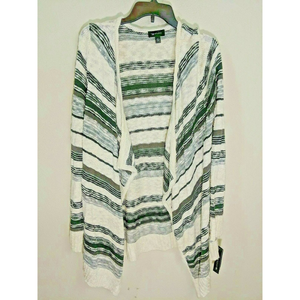 Womens‎ AB Studio Open Front Cardigan Sweater Black White Stripe Sz L NWT